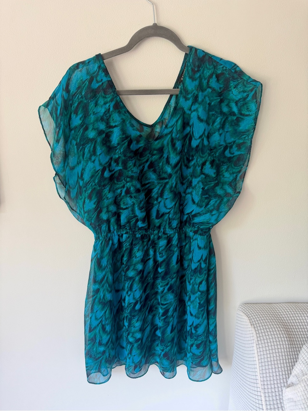 Express Teal & Black Printed Flutter Sleeve Mini Dress